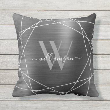 Modern Silver Brushed Metal Monogram Name Script Outdoor Pillow