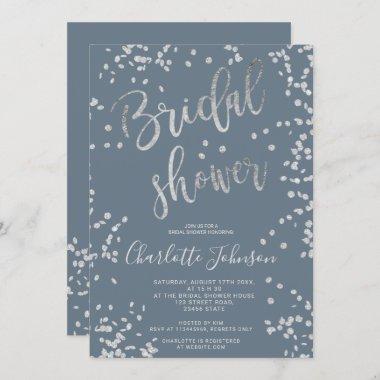 Modern silver foil confetti blue bridal shower Invitations