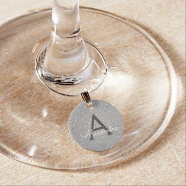 Modern Silver Glitter and Sparkle Monogram Wine Charm