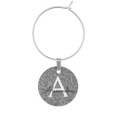 Modern Silver Glitter and Sparkle Monogram Wine Charm