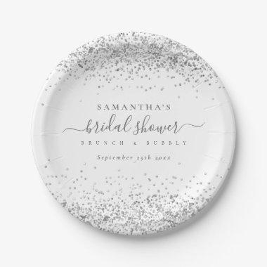 Modern Silver Glitter Name Date Bridal Shower Paper Plates