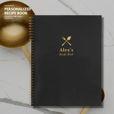 Modern Simple Black and Gold Monogram Recipe Notebook