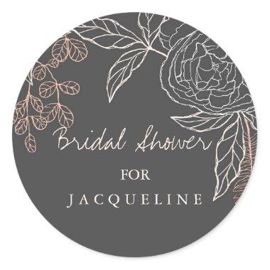 Modern Simple Floral Pen Sketch Gray Bridal Shower Classic Round Sticker