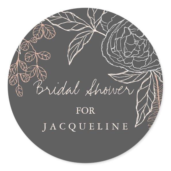 Modern Simple Floral Pen Sketch Gray Bridal Shower Classic Round Sticker