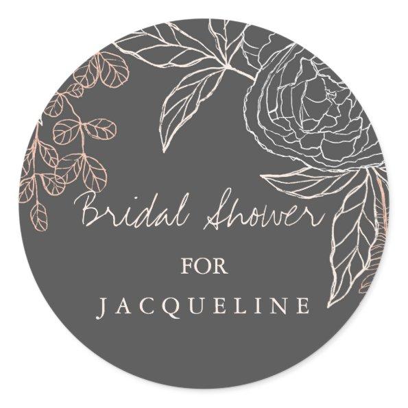 Modern Simple Floral Pen Sketch Gray Bridal Shower Classic Round Sticker