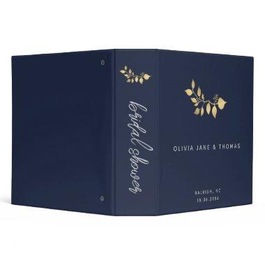 Modern Simple Minimalist Navy Gold Floral Wedding 3 Ring Binder