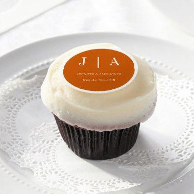 Modern Simple Monogram Burnt Orange White Wedding Edible Frosting Rounds