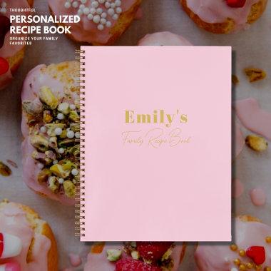 Modern Simple Pink and Gold Monogram Family Recipe Notebook