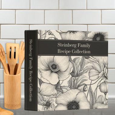 Modern Sketch Floral Black & Cream Family Recipe 3 Ring Binder