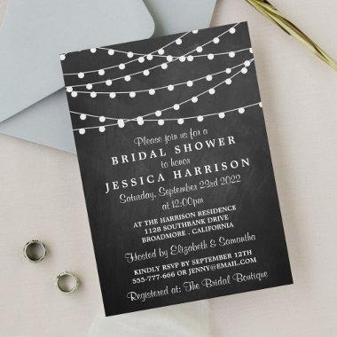 Modern String Lights On Chalkboard Bridal Shower Invitations