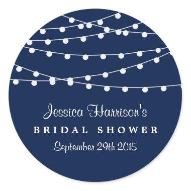 Modern String Lights On Navy Blue Bridal Shower Classic Round Sticker