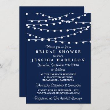 Modern String Lights On Navy Blue Bridal Shower Invitations