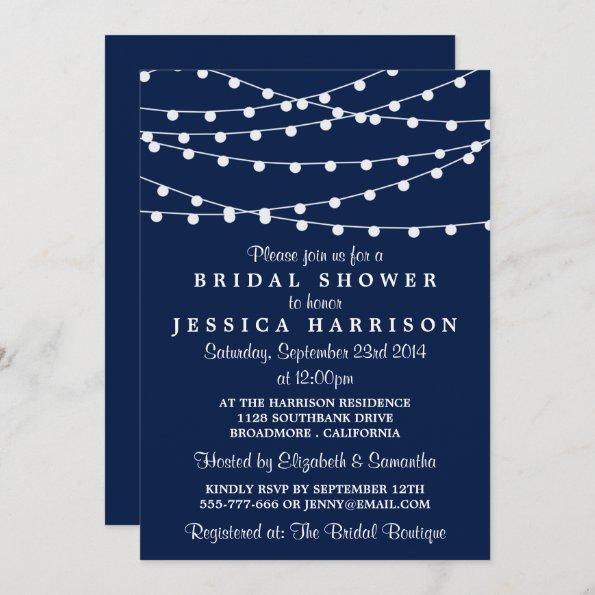 Modern String Lights On Navy Blue Bridal Shower Invitations