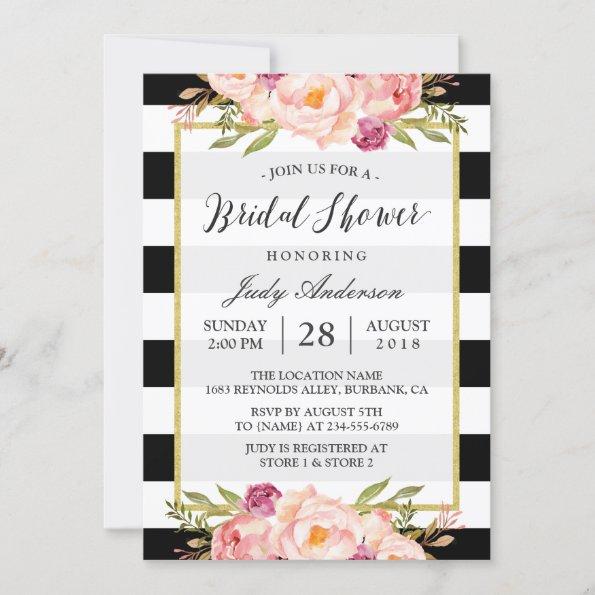 Modern Stripes Floral Decor Wedding Bridal Shower Invitations