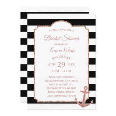 Modern Stripes Rose Gold Anchor Bridal Shower Invitations