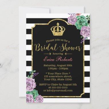 Modern Stripes Royal Crown Floral Bridal Shower Invitations