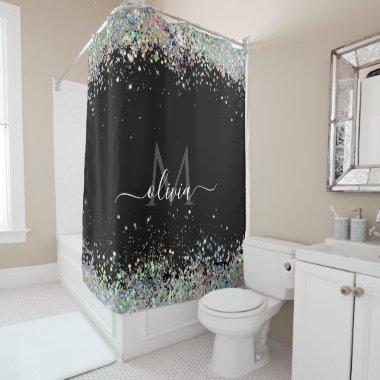Modern Style Holographic Glitter Monogram Black Shower Curtain