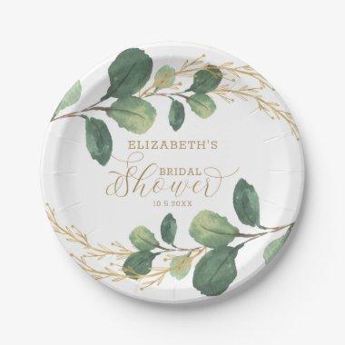 Modern + Stylish Green Gold Greenery Bridal Shower Paper Plates
