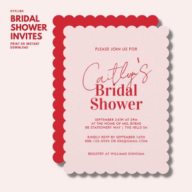 Modern Stylish Red and Blush Pink Bridal Shower Invitations