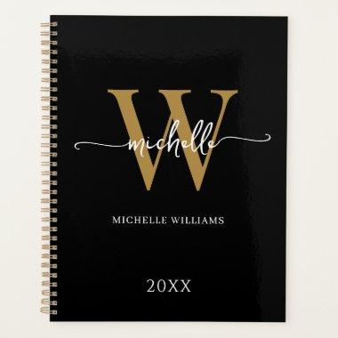 Modern Stylish Script Black Gold Monogram 2023 Planner
