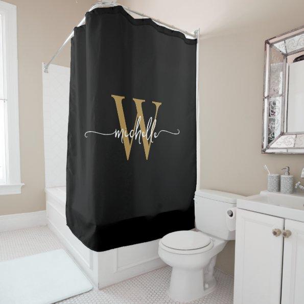 Modern Stylish Script Black Gold Monogram Name Shower Curtain