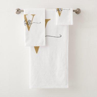 Modern Stylish Script White Gold Monogram Name Bath Towel Set