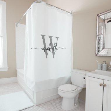 Modern Stylish Script White Gray Monogram Name Shower Curtain