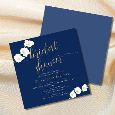 Modern Stylish White Orchid Navy Bridal Shower Invitations