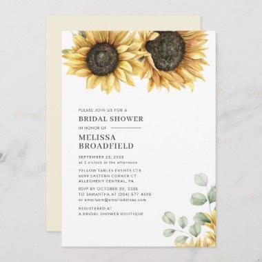 Modern Sunflower Floral Eucalyptus Bridal Shower Invitations