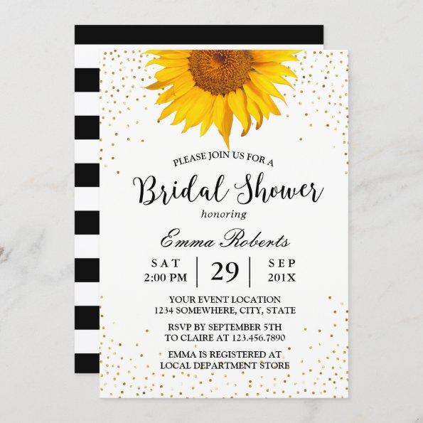 Modern Sunflower Gold Confetti Dots Bridal Shower Invitations
