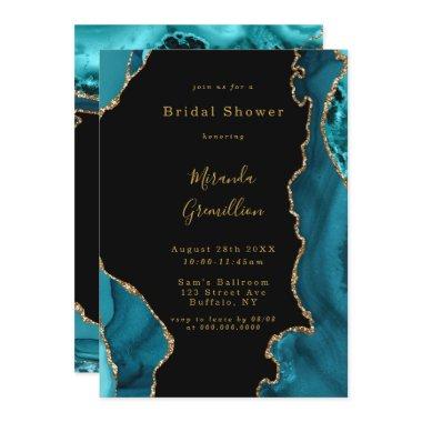 Modern Teal and Gold Agate Stone Bridal Shower Invitations