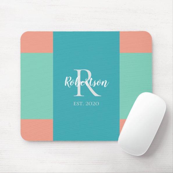 Modern Teal, Blue, and Coral Pink Family Monogram Mouse Pad