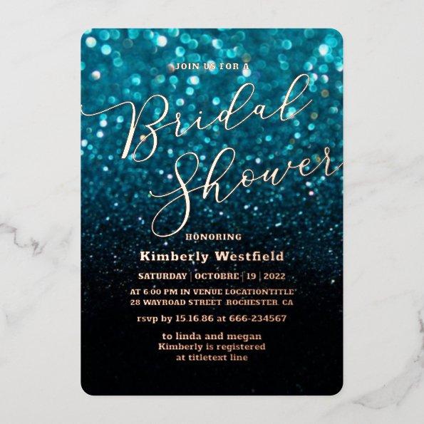 modern Teal Blue Glitter gold chic Bridal shower Foil Invitations