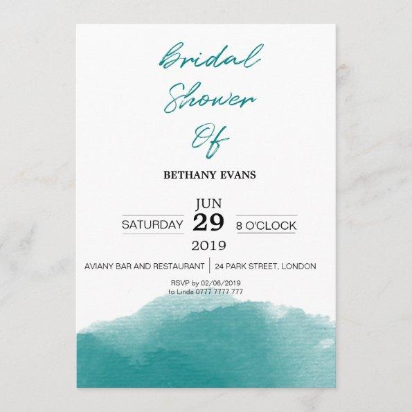 Modern Teal Blue Watercolor Bridal Shower Invite
