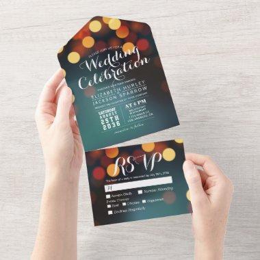 Modern Teal Gold Bokeh String Lights Wedding RSVP All In One Invitations