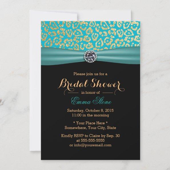 Modern Teal & Gold Leopard Print Bridal Shower Invitations