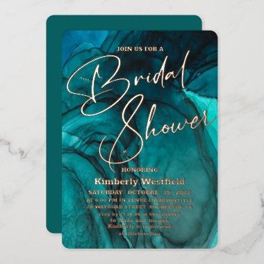 modern Teal watercolor gold chic Bridal Shower  Foil Invitations