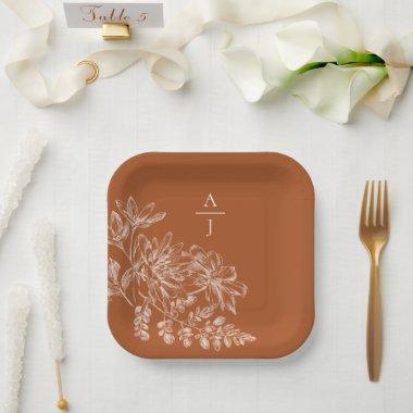 Modern Terra Cotta Monogram Floral Square Paper Plates