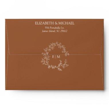 Modern Terracotta Leafy Crest Monogram Wedding Envelope