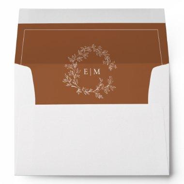 Modern Terracotta Leafy Crest Monogram Wedding Envelope