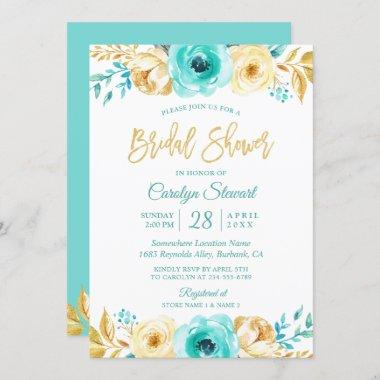 Modern Tiffany Gold Botanical Floral Bridal Shower Invitations