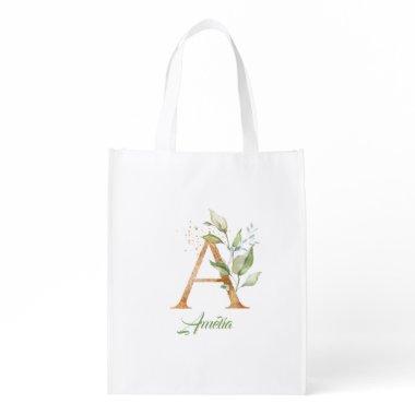 Modern trendy A monogram green and gold foil Grocery Bag