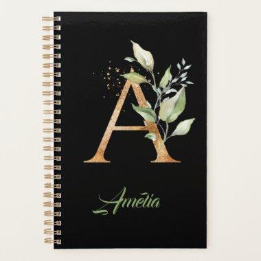 Modern trendy A monogram green and gold foil Planner