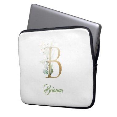 Modern trendy B monogram greenery and gold foil Laptop Sleeve