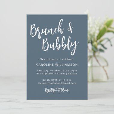 Modern Trendy Script Brunch Bubbly Shower Blue Invitations