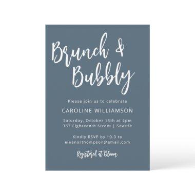 Modern Trendy Script Brunch Bubbly Shower Blue Invitations