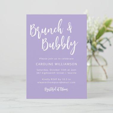 Modern Trendy Script Brunch Bubbly Shower Lavender Invitations