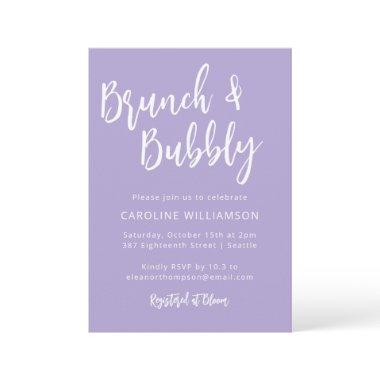 Modern Trendy Script Brunch Bubbly Shower Lavender Invitations