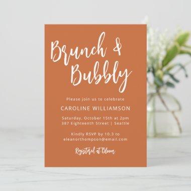 Modern Trendy Script Brunch Bubbly Shower Orange Invitations