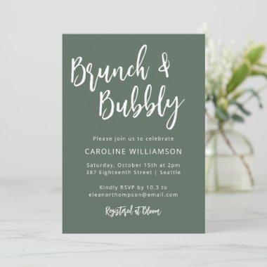 Modern Trendy Script Brunch Bubbly Shower Sage Invitations